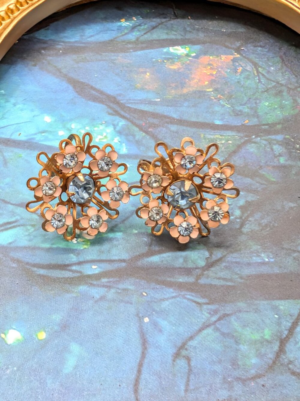Vintage 1940's Gold tone, Pink Enamel & Blue Rhinestone Flower Cluster Earrings